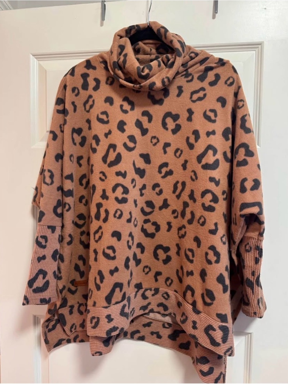 Simply Southern Leopard Cowl Neck Poncho Sweater - Camel/Black